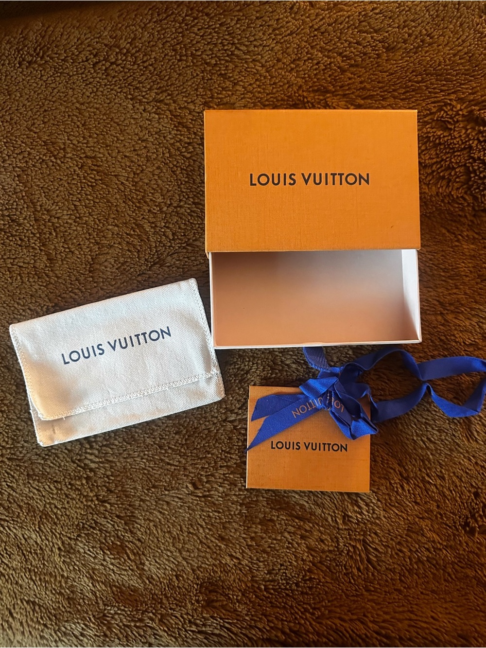 Louis Vuitton Orange Box with Blue Ribbon and White Pouch